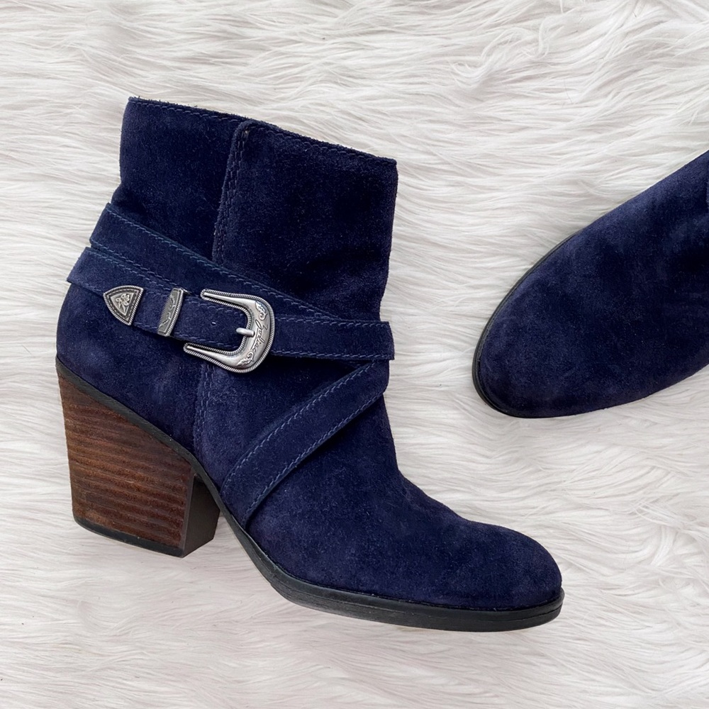 Zodiac Blue Suede Silver Buckle Western Booties Ankle Boots Southwestern